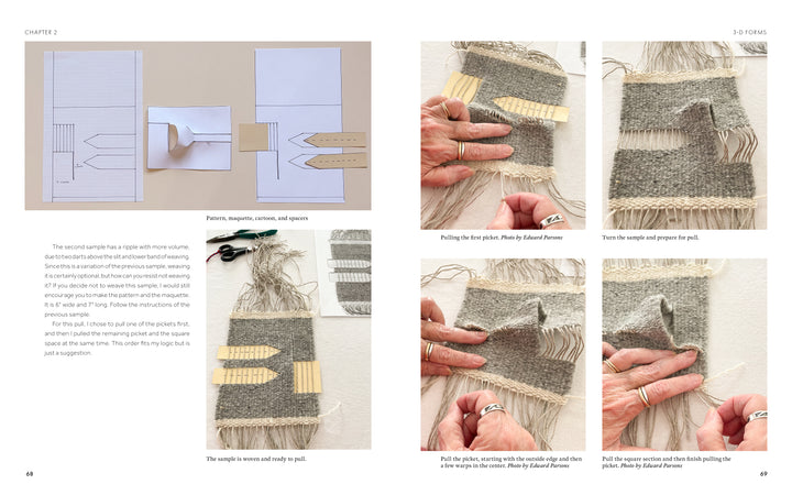 A step-by-step photo guide from Schiffer Publishing, Ltd.'s "Tapestry with Pulled Warp" shows hands using the pulled warp technique to split woven fabric, with diagrams, labeled strips, and close-ups for creating shaped tapestries.
