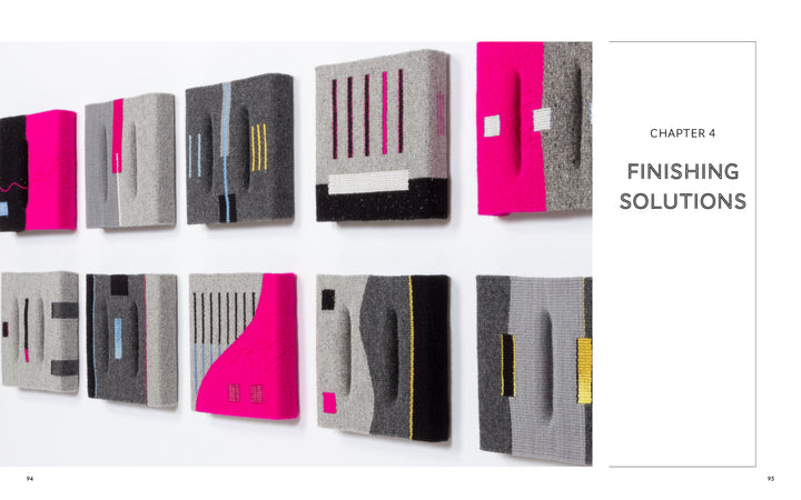 A Tapestry with Pulled Warp by Schiffer Publishing, Ltd., featuring abstract grey and bright pink designs, hangs on a white wall. The right side of the image displays the text: Chapter 4 Finishing Solutions.