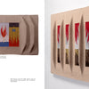 The Tapestry with Pulled Warp by Schiffer Publishing, Ltd. features a beige base with four vertical red flames over yellow, blue, and gray blocks, using sculpted ridges and pulled warp for dynamic three-dimensional texture and shadow.