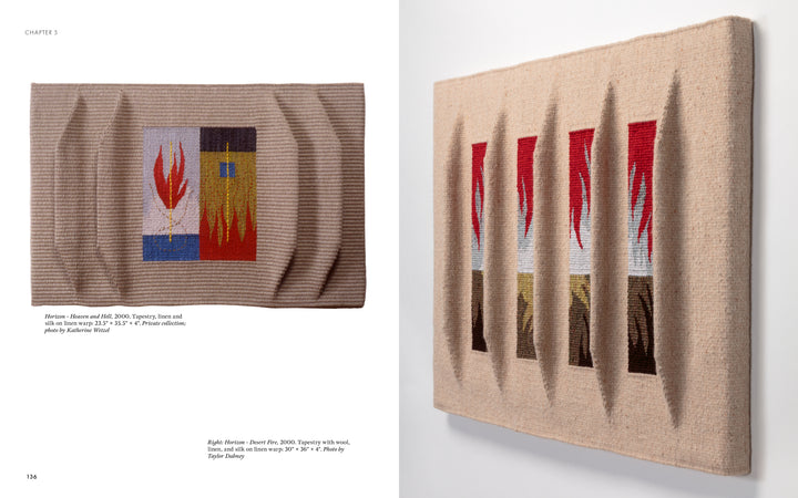 The Tapestry with Pulled Warp by Schiffer Publishing, Ltd. features a beige base with four vertical red flames over yellow, blue, and gray blocks, using sculpted ridges and pulled warp for dynamic three-dimensional texture and shadow.