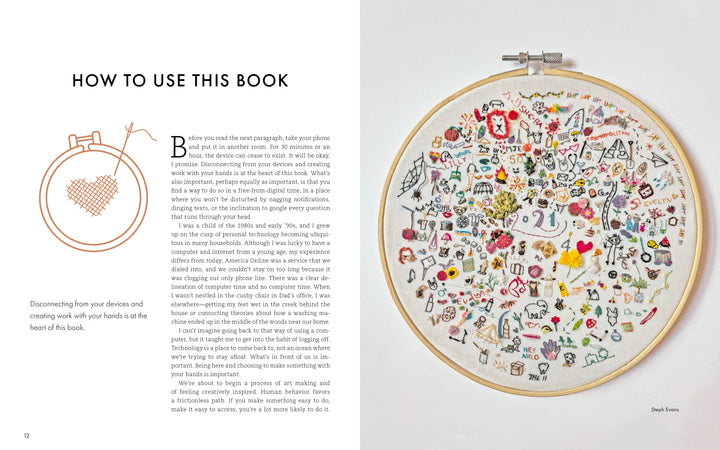 An open copy of Threads of Treasure by Schiffer Publishing, Ltd. displays a How to Use This Book page on the left and, on the right, a vibrant embroidery hoop with diverse motifs—ideal inspiration for modern crafters seeking step-by-step projects.