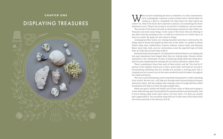 A green page from "Threads of Treasure" by Schiffer Publishing, Ltd. shows seashells, coral, and a pearl arranged in a bowl with line art of jars and shells—perfect inspiration for modern crafters. Opposite page heading: Displaying Treasures.