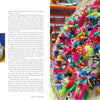 A photo from "Threads of Treasure" (Schiffer Publishing, Ltd.) features a vibrant art installation of found objects like pipe cleaners and bottle caps on a circular pegboard. The left page displays text alongside small sketches.