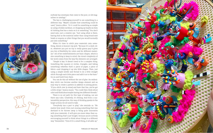A photo from "Threads of Treasure" (Schiffer Publishing, Ltd.) features a vibrant art installation of found objects like pipe cleaners and bottle caps on a circular pegboard. The left page displays text alongside small sketches.