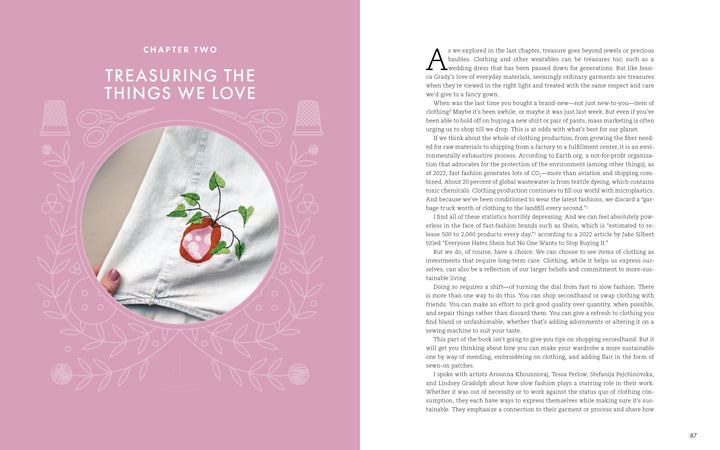 A spread from Threads of Treasure by Schiffer Publishing, Ltd. shows a pink left page titled Chapter Two: Treasuring the Things We Love, with modern embroidery—a strawberry on denim—and black serif text about caring for cherished clothing.
