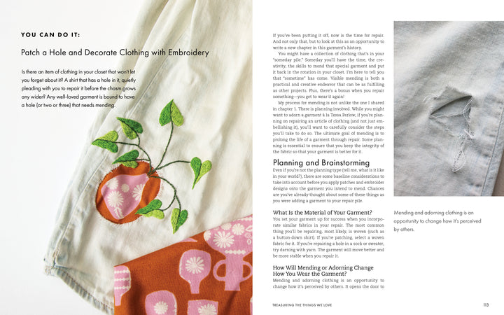 In "Threads of Treasure" by Schiffer Publishing, Ltd., see how modern crafters patch holes and decorate cream garments with green vine and orange fruit embroidery, shown in detailed close-ups of creative mending stitches on light fabrics.