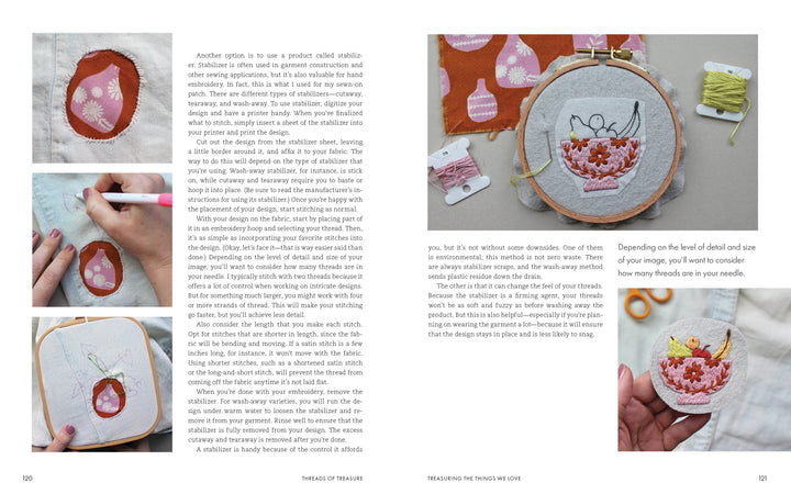 A two-page spread from Schiffer Publishing, Ltd.'s "Threads of Treasure" features step-by-step embroidery projects with close-ups of hands and threads—ideal inspiration for modern crafters.