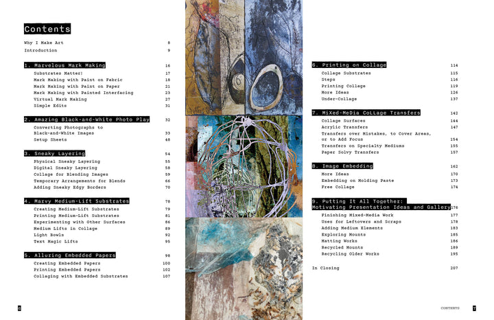 A table of contents spread from "Explorations with Collage!" by Schiffer Publishing, Ltd. shows section titles and page numbers on both pages, with abstract mixed-media art and digital collage techniques displayed vertically in the center.