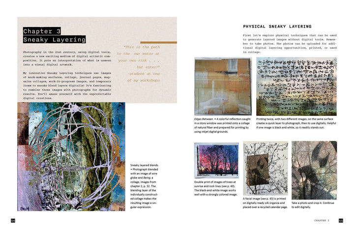 Explorations with Collage! by Schiffer Publishing, Ltd. features a spread on Sneaky Layering with abstract artwork, digital collage tips, photo examples, and captions explaining Wen Redmond's innovative layering methods.