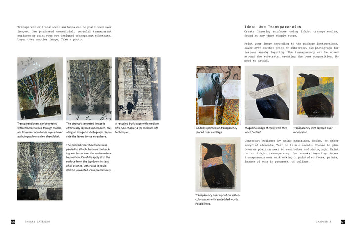 Two pages from Explorations with Collage! by Schiffer Publishing, Ltd. feature Wen Redmond's mixed-media art and step-by-step tutorials for collages using printed transparencies, birds, and trees—each stage shown with descriptive text and labeled photos.