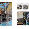 On the left is a collage with layered textures. On the right, "Explorations with Collage!" by Schiffer Publishing, Ltd. shows Wen Redmond’s Photoshop digital collage techniques with trees, abstracts, and text explaining blending modes.