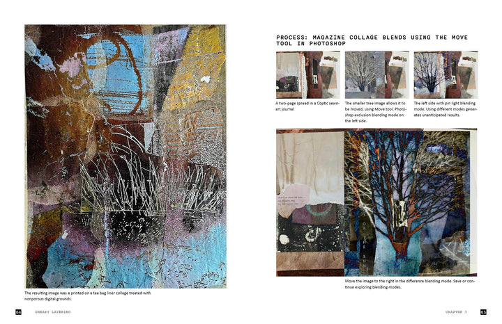 On the left is a collage with layered textures. On the right, "Explorations with Collage!" by Schiffer Publishing, Ltd. shows Wen Redmond’s Photoshop digital collage techniques with trees, abstracts, and text explaining blending modes.