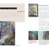 A book spread from "Explorations with Collage!" by Schiffer Publishing, Ltd. features text on Marvy Medium-Lift Substrates by Wen Redmond and four mixed-media art images: a winter tree scene, digital and colorful collages, plus close-up texture details.