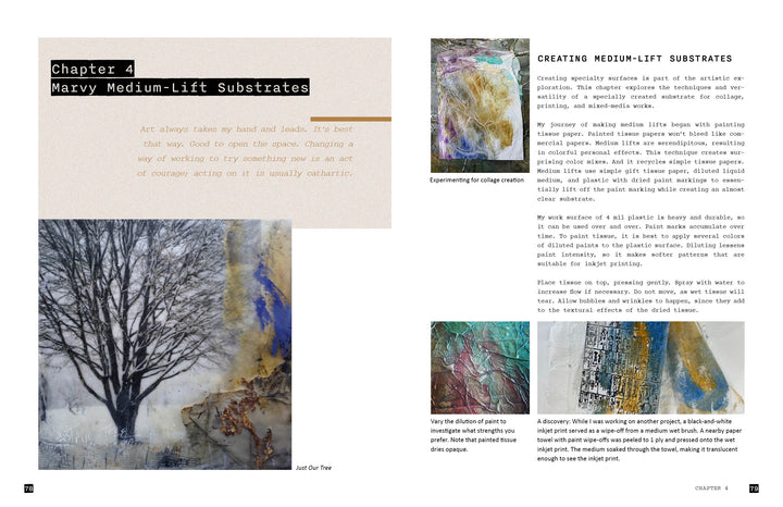 A book spread from "Explorations with Collage!" by Schiffer Publishing, Ltd. features text on Marvy Medium-Lift Substrates by Wen Redmond and four mixed-media art images: a winter tree scene, digital and colorful collages, plus close-up texture details.