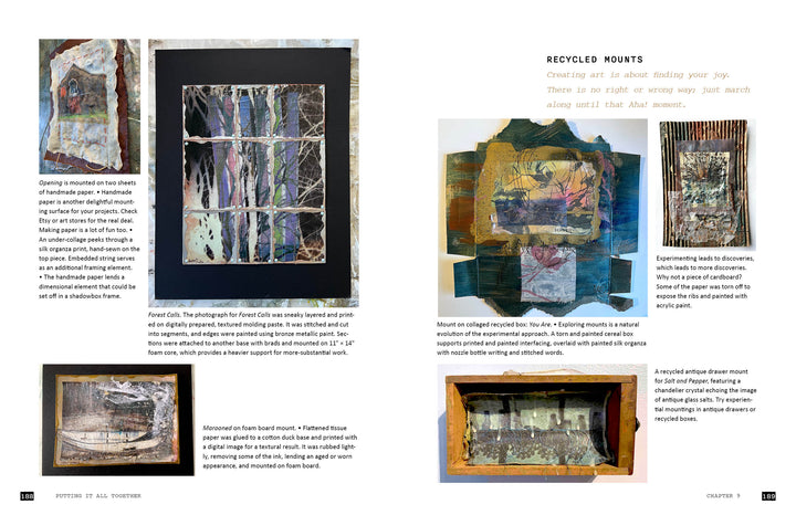 A magazine spread showcases mixed-media art from "Explorations with Collage!" by Schiffer Publishing, Ltd., using digital collage on recycled materials like wood, cardboard, and a metal box, plus text about creative recycled mounts.