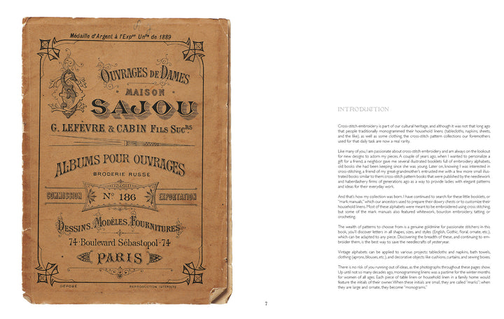 The vintage-style "Vintage French Needlework" by Schiffer Publishing, Ltd. features a worn brown cover with ornate black text and borders, plus an introduction to classic French embroidery patterns and cross-stitch designs.
