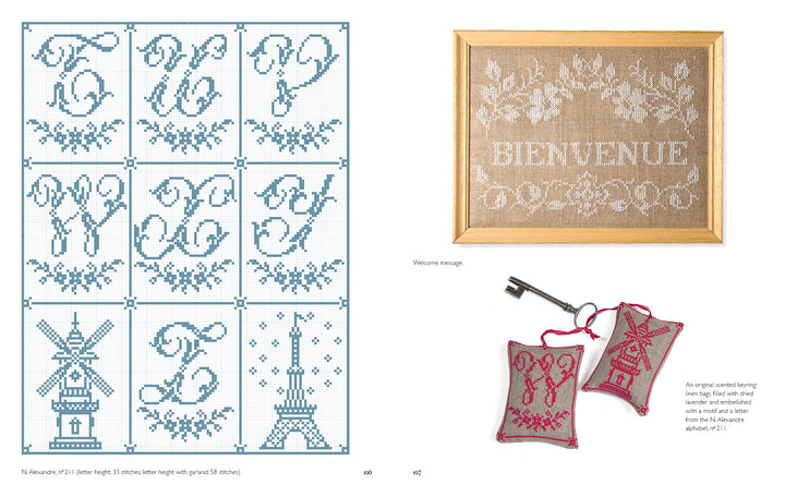 Vintage French Needlework by Schiffer Publishing, Ltd.: nine blue monogram alphabet patterns and two motifs (windmill, Eiffel Tower) on left; framed beige “BIENVENUE” and two pink key-themed ornaments on right.