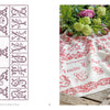 On the left, a grid displays French monogram cross-stitch patterns from "Vintage French Needlework" by Schiffer Publishing, Ltd.; on the right, an embroidered cloth with red lettering and floral motifs sits next to fresh flowers.