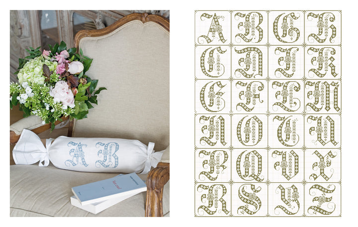 The Vintage French Needlework by Schiffer Publishing, Ltd. features an armchair with floral accents and a pillow adorned with ornate A and S monograms, beside a chart displaying decorative alphabet embroidery patterns from A–Z.
