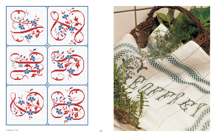 On the left is Schiffer Publishing, Ltd.'s "Vintage French Needlework" featuring red and blue floral calligraphy; on the right, a white cloth with green embroidered letters sits in a basket with herbs and greenery.