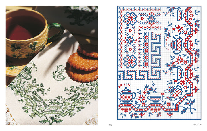 A cup of tea and cookies rest on a white cloth, beside "Vintage French Needlework" by Schiffer Publishing, Ltd.—a chart with red and blue vintage French floral and geometric embroidery patterns.