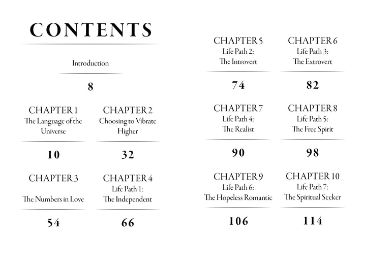 The table of contents in Plus One by Schiffer Publishing, Ltd. lists chapters and page numbers on topics like the universe, love, life path number compatibility, introvert, extrovert, realist, free spirit, hopeless romantic, and spiritual seeker.