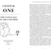 A book spread from Plus One by Schiffer Publishing, Ltd.: Chapter One, "The Language of the Universe," starts with a stylized head of numbers and symbols and a Pythagoras quote on the left, and text on the right.