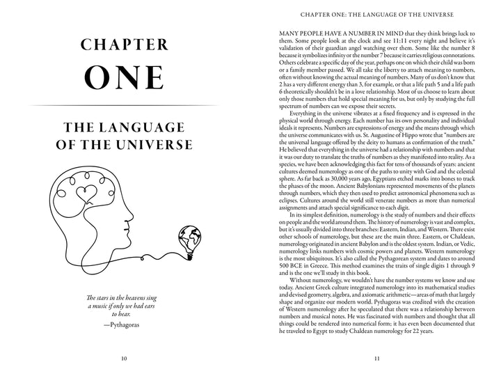 A book spread from Plus One by Schiffer Publishing, Ltd.: Chapter One, "The Language of the Universe," starts with a stylized head of numbers and symbols and a Pythagoras quote on the left, and text on the right.