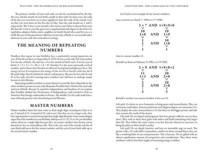 A two-page spread from "Plus One" by Schiffer Publishing, Ltd. explores numerology with repeating and master numbers, showing life path calculations and their influence on relationship compatibility on the right page.