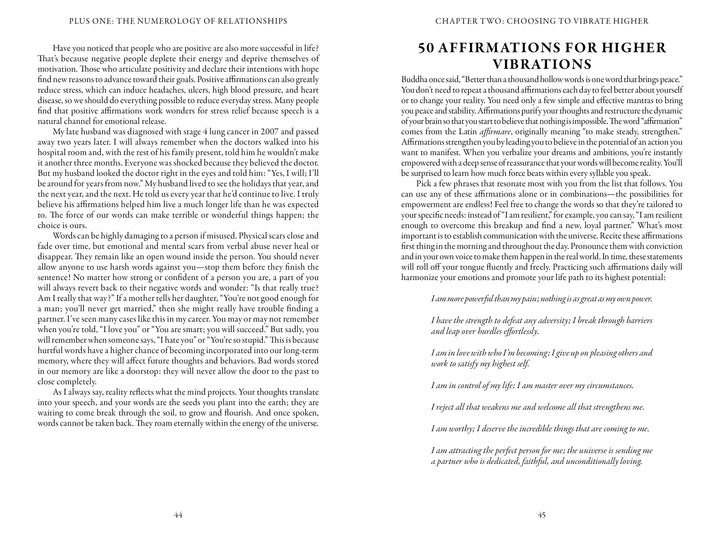 An open book, "Plus One" by Schiffer Publishing, Ltd., shows two pages: the left explores relationship numerology via life path numbers; the right page, “50 Affirmations for Higher Vibrations,” features affirmations for positivity and growth.