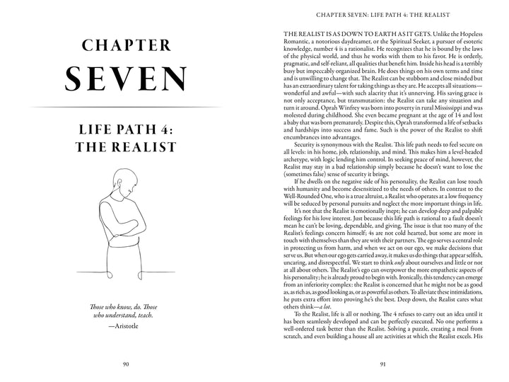 Pages from "Plus One" by Schiffer Publishing, Ltd. feature Chapter Seven: Life Path 4 - The Realist, with a line drawing of a person leaning on their hand and text discussing the practical traits and compatibility of Life Path 4.
