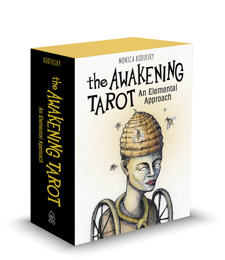 A 3D-rendered image of The Awakening Tarot by Schiffer Publishing, Ltd. shows a box cover with a figure in a beehive-like hat, surrounded by bees, expressing earth-based spirituality.