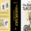 Book cover for The Awakening Tarot by Schiffer Publishing, Ltd., showing illustrated tarot cards and a central figure with textured hair and beads, symbolizing earth-based spirituality on a vivid yellow background.