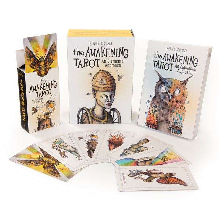 The Awakening Tarot by Schiffer Publishing, Ltd. features mystical figures and animals in whimsical watercolor art, includes a guidebook and box, and is inspired by elemental spirituality.