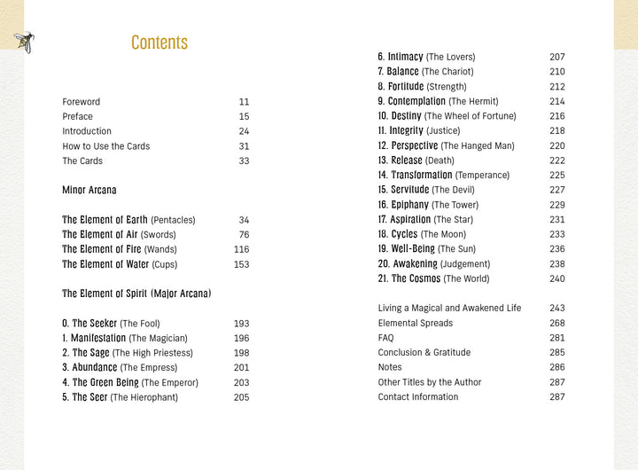 Table of contents page from The Awakening Tarot by Schiffer Publishing, Ltd., listing sections like Minor Arcana and Major Arcana in two columns, with a small illustrated bee in the top left, reflecting the tarot deck's elemental spirituality.