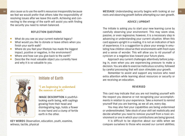 A two-page spread from The Awakening Tarot by Schiffer Publishing, Ltd. shows the “Initiate of Earth” card—an antlered, plant-adorned figure symbolizing elemental spirituality—accompanied by interpretive card meanings and explanatory text.