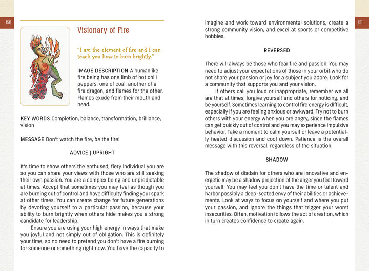 The Awakening Tarot by Schiffer Publishing, Ltd. features the “Visionary of Fire” card, showing a fiery, red-haired figure with fire wings, chili peppers, and flames, capturing elemental spirituality. The card’s keywords and description appear on the page.