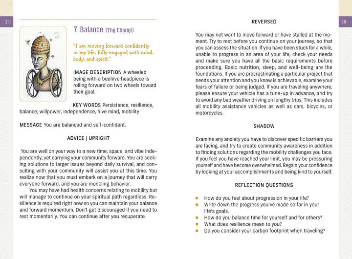 An illustrated book page from The Awakening Tarot by Schiffer Publishing, Ltd. explores Balance via The Chariot card, showing a crowned figure in a wheeled vehicle with text on elemental spirituality, advice, and reflection questions.