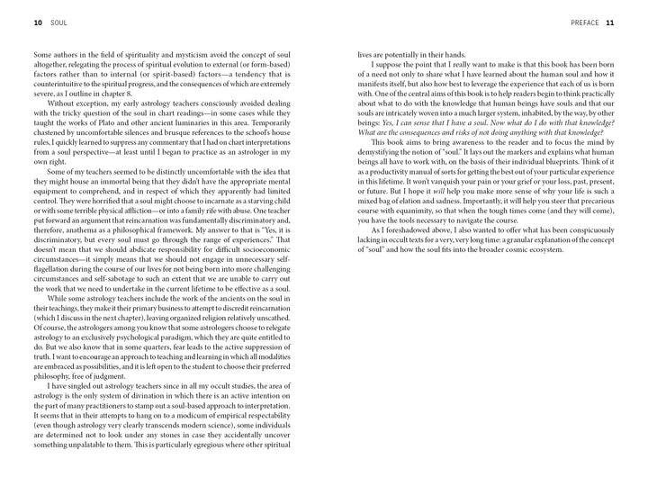 A two-page spread from "Soul" by Schiffer Publishing, Ltd. features dense text under the headings SOUL and PREFACE, exploring spiritual education, the human soul, and self, all printed in a clear serif font.
