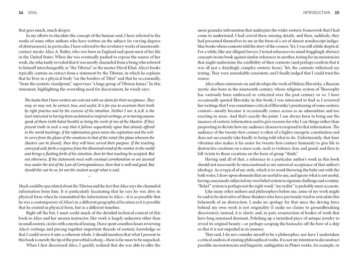 A two-page spread from "Soul" by Schiffer Publishing, Ltd. shows dense, justified text on pages labeled 14 SOUL and 15 INTRODUCTION. No images appear—just continuous blocks of text exploring the human soul and spiritual layers.