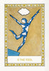The Fool’s New Journey Tarot by Schiffer Publishing, Ltd. features The Fool card—an illustrated figure with a blue, cloud-patterned body leaping off a cliff under a white cloud, all set against a golden backdrop with a decorative border.