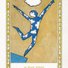 The Fool’s New Journey Tarot by Schiffer Publishing, Ltd. features The Fool card—an illustrated figure with a blue, cloud-patterned body leaping off a cliff under a white cloud, all set against a golden backdrop with a decorative border.