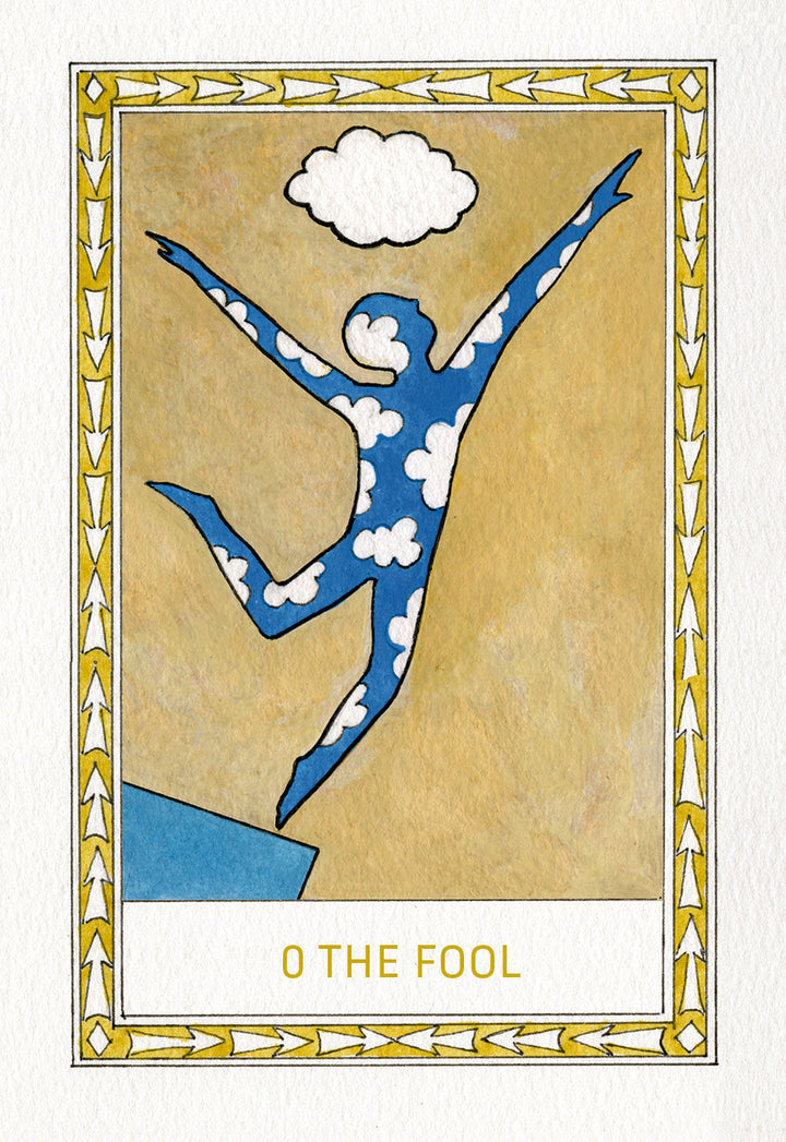 The Fool’s New Journey Tarot by Schiffer Publishing, Ltd. features The Fool card—an illustrated figure with a blue, cloud-patterned body leaping off a cliff under a white cloud, all set against a golden backdrop with a decorative border.