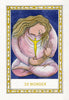 A card from The Fool's New Journey Tarot by Schiffer Publishing, Ltd. features a seated woman with flowing pink and blue hair, gazing at a glowing yellow figure in her lap. “10 WONDER” appears below, all framed by a gold patterned border.