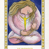 A card from The Fool's New Journey Tarot by Schiffer Publishing, Ltd. features a seated woman with flowing pink and blue hair, gazing at a glowing yellow figure in her lap. “10 WONDER” appears below, all framed by a gold patterned border.