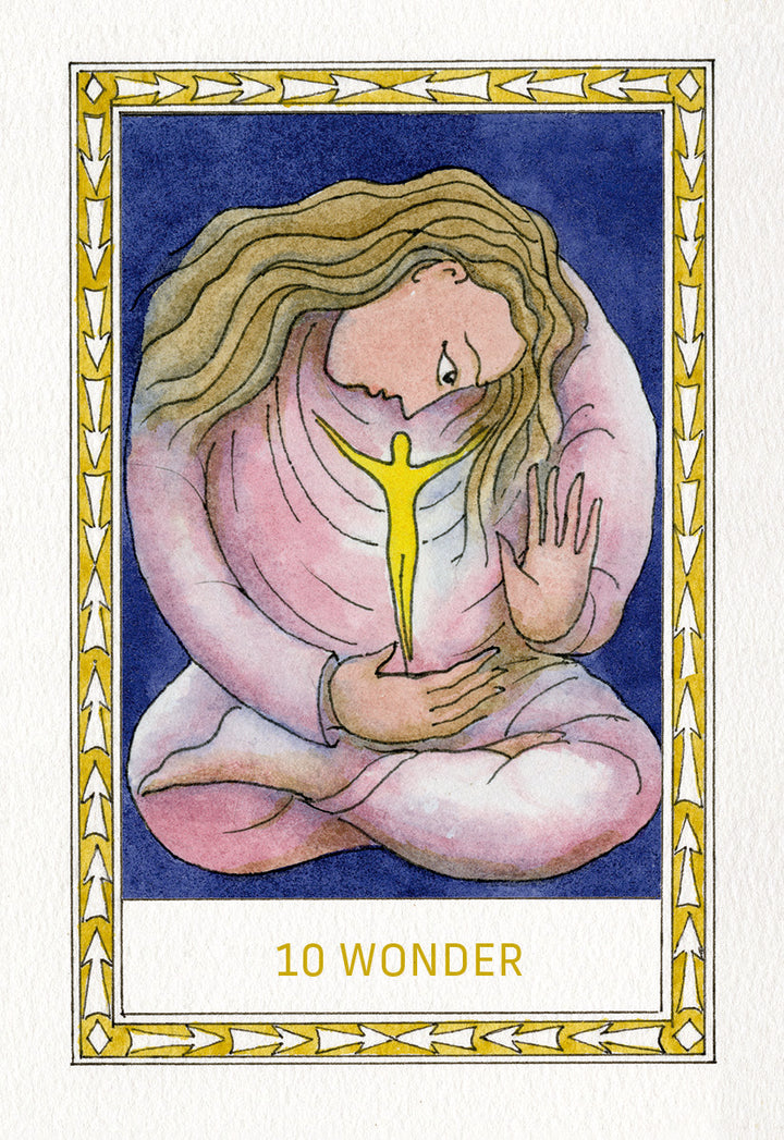 A card from The Fool's New Journey Tarot by Schiffer Publishing, Ltd. features a seated woman with flowing pink and blue hair, gazing at a glowing yellow figure in her lap. “10 WONDER” appears below, all framed by a gold patterned border.