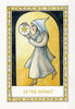 The Fool's New Journey Tarot by Schiffer Publishing, Ltd. features card 19 THE HERMIT: a robed figure with a glowing star orb, walking within a golden arch, bordered in yellow and white—an inspiring piece for any modern Tarot collection.
