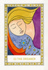 A stylized modern Tarot card illustration from The Fool's New Journey Tarot by Schiffer Publishing, Ltd. features a peaceful face with closed eyes, flowing yellow hair, and swirling blue and orange shapes in a gold and white decorative frame.