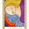 A stylized modern Tarot card illustration from The Fool's New Journey Tarot by Schiffer Publishing, Ltd. features a peaceful face with closed eyes, flowing yellow hair, and swirling blue and orange shapes in a gold and white decorative frame.