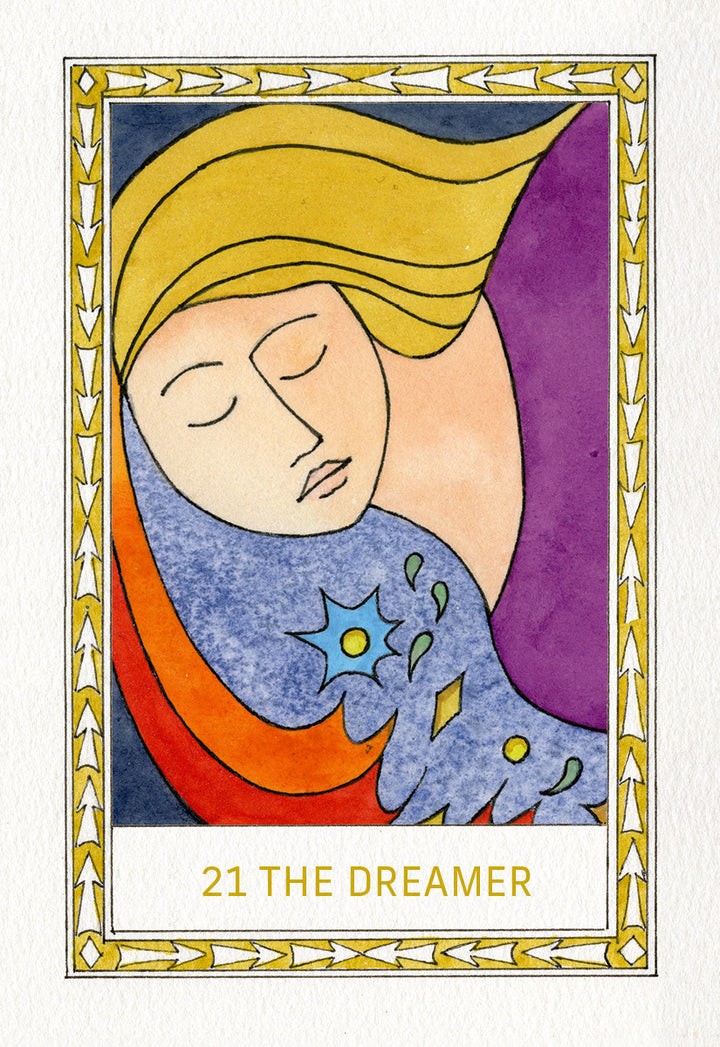 A stylized modern Tarot card illustration from The Fool's New Journey Tarot by Schiffer Publishing, Ltd. features a peaceful face with closed eyes, flowing yellow hair, and swirling blue and orange shapes in a gold and white decorative frame.